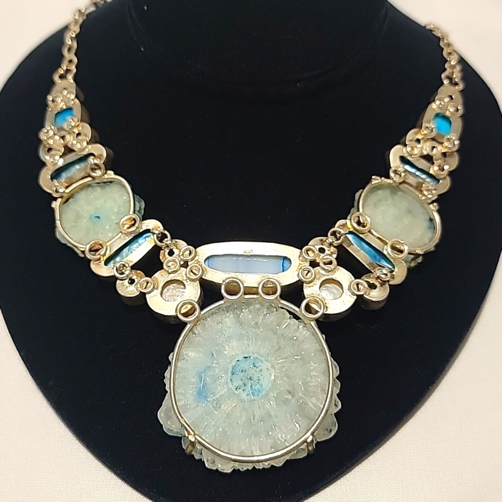 Vintage Sterling Silver Light Blue Solar Quartz Multi Gemstone Necklace View 3